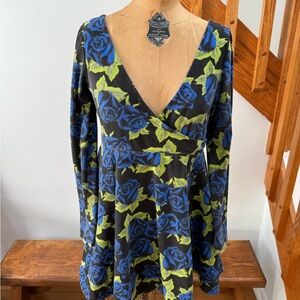 Betsey Johnson Black Dress with Blue and Green Floral Pattern
